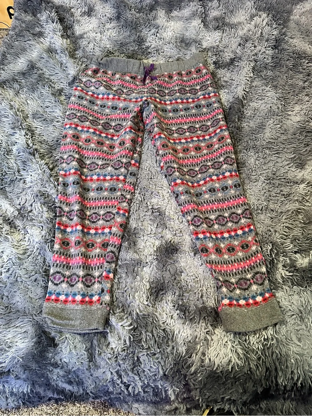 Cuddl Duds Gray Fair Isle Loungewear Pants with Pink and Blue Accents